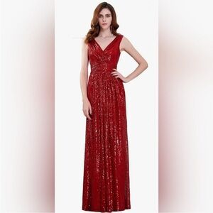 NWT Kate Kasin Red Sequin V Neck Long gown - Red Size 8